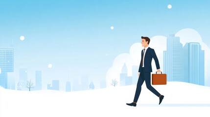 Businessman Walking Through Winter Cityscape with Briefcase, Professional Attire in Snowy Urban Environment on a Clear Day with Skyscrapers in the Background