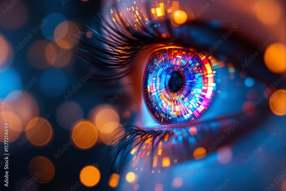 Poster close-up of an eye with colorful digital patterns and glowing bokeh on a dark background. symbolizin