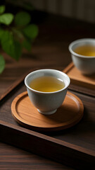Obraz premium Two Cups of Tea on Wooden Tray with Green Plant in Background