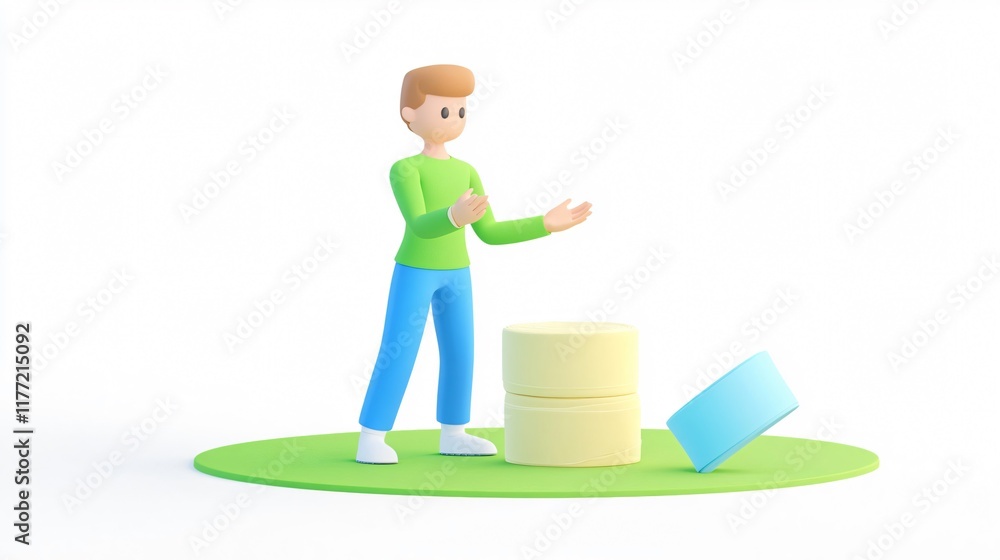 Poster 3d render of a person interacting with database icons symbolizing data storage and management