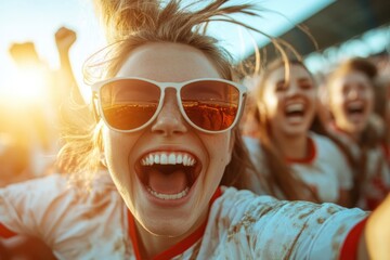 An enthusiastic female fan wearing stylish sunglasses enjoys an exhilarating moment at an outdoor sports event, capturing the essence of excitement and camaraderie.