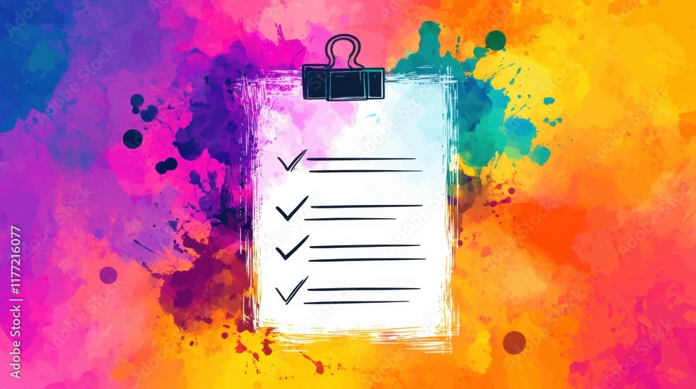 Poster a dynamic checklist design with vibrant splashes of color, perfect for organizing ideas and plans.