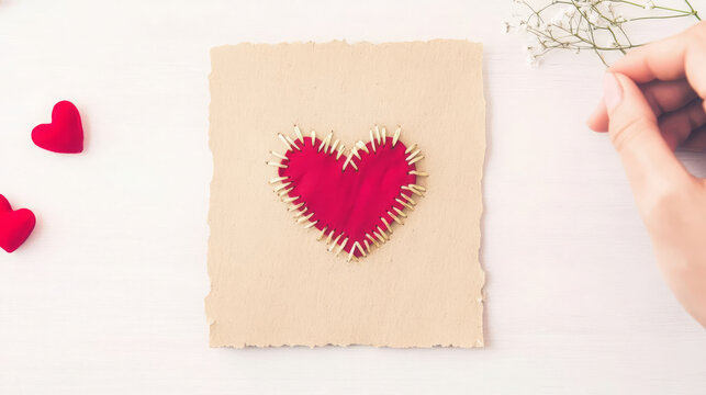 Naklejki heart made of red fabric is stitched together with wooden sticks, symbolizing love and healing. Surrounding it are small red hearts, creating warm and emotional atmosphere