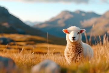 Fototapeta premium A sheep grazes in a golden field during sunset, capturing the magical twilight moment, showcasing the beauty of nature and the simplicity of rural life.