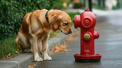 A golden retriever curiously examines a red fire hydrant on a wet sidewalk.
