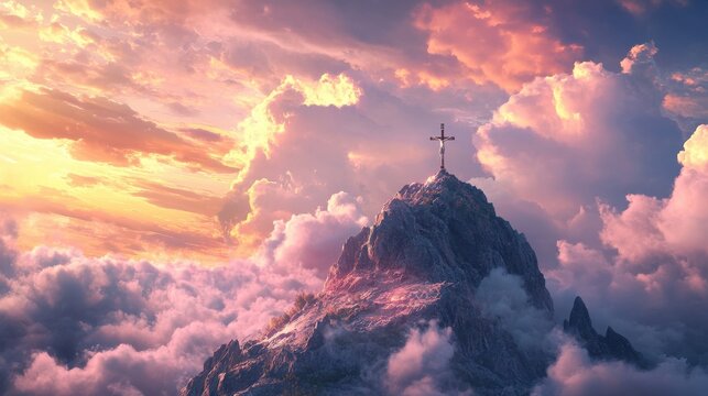 Cross of Jesus Christ in the sky with clouds. Christian easter. Conceptual religious symbol. Cross on top of a mountain, on a background of sky, clouds and beautiful sunset, with generative ai
