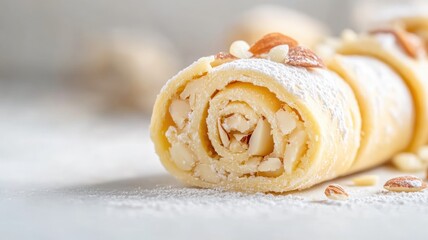 Rolled pastry with almonds, powdered sugar, and nut filling