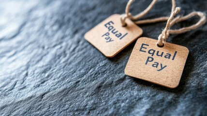 Two wooden tags reading "Equal Pay" on textured dark surface