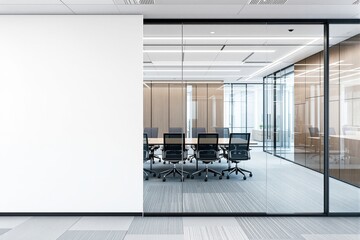 Minimalist office space, white wall in the foreground, glass partition showing conference room, modern design, professional workspace concept, Ai generative
