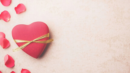 Fototapeta premium classic red heart shaped gift box wrapped in golden ribbon, surrounded by rose petals, evokes feelings of love and romance, perfect for special occasions