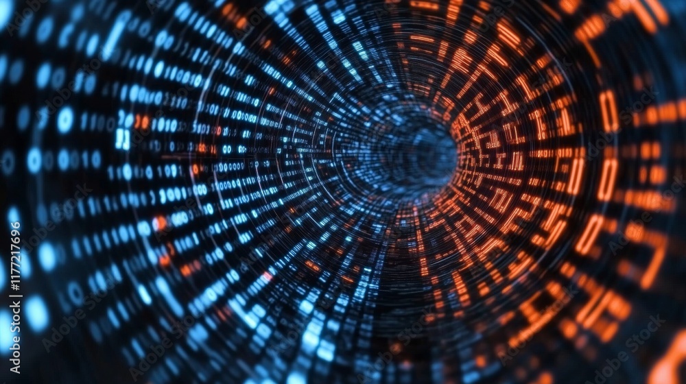 Poster digital tunnel, futuristic technology, binary code data flow stream, cyber data transfer