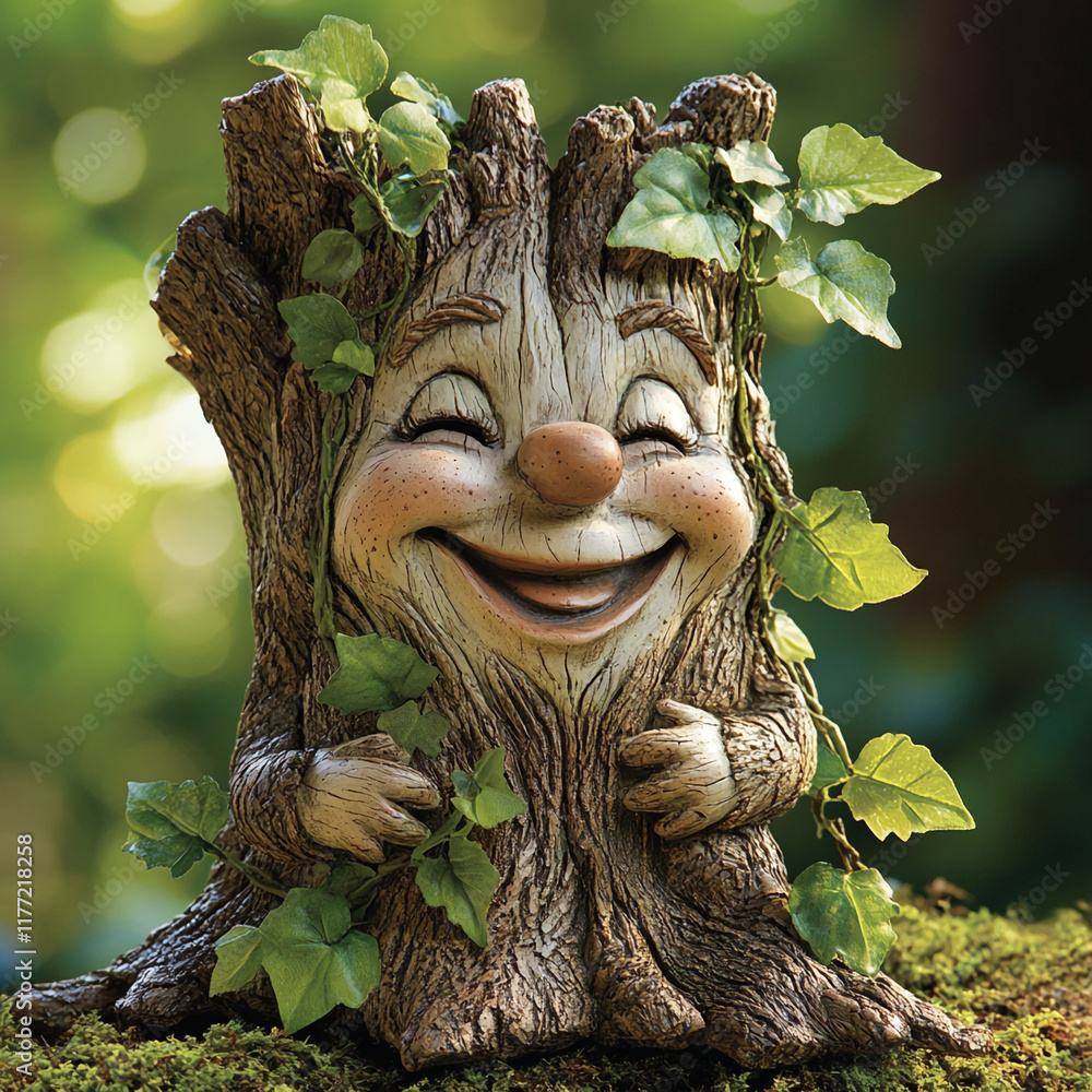 Poster Smiling tree stump with leaves and moss in a forest setting