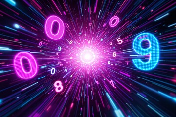 Bright neon numbers in a glowing space-like explosion of light streaks, pink and blue luminous hues on a dark backdrop. Concept of digital data. Ai generative