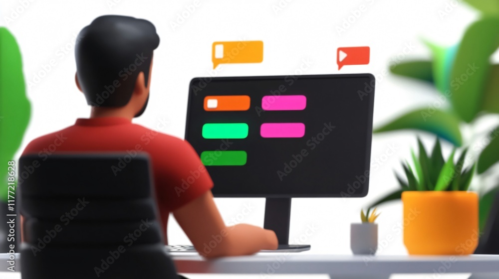 Poster 3d render of a person working on a computer with chat bubbles