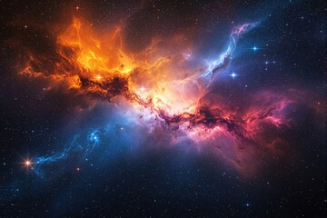 Obraz premium Cosmic nebula featuring vibrant orange, blue, and pink hues with glowing stars scattered in a space background. Concept of celestial beauty. Ai generative