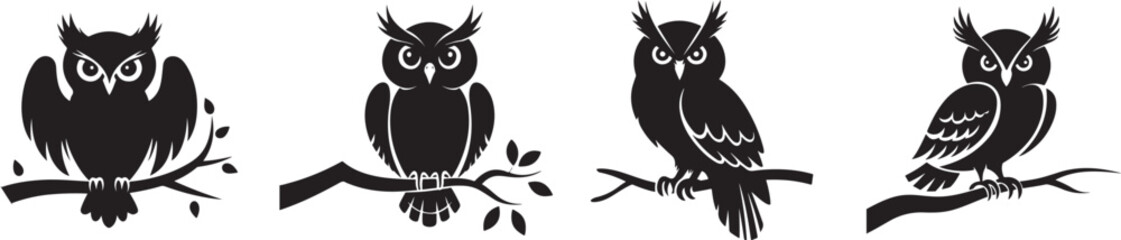 Collection of Black Owls on Branches