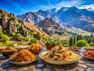 Afghan Mountain Landscape with Traditional Kabul Food, Delicious Dishes, Scenic View