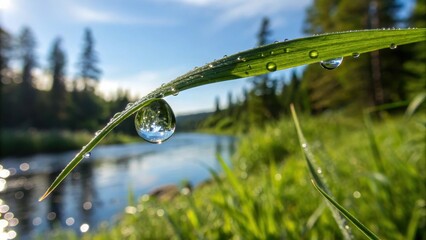 A drop of dew hanging on the tip of a blade of grass in the morning light. The background is blurred, the outlines of the forest and soft sunlight. The beauty of nature, the theme of ecology.