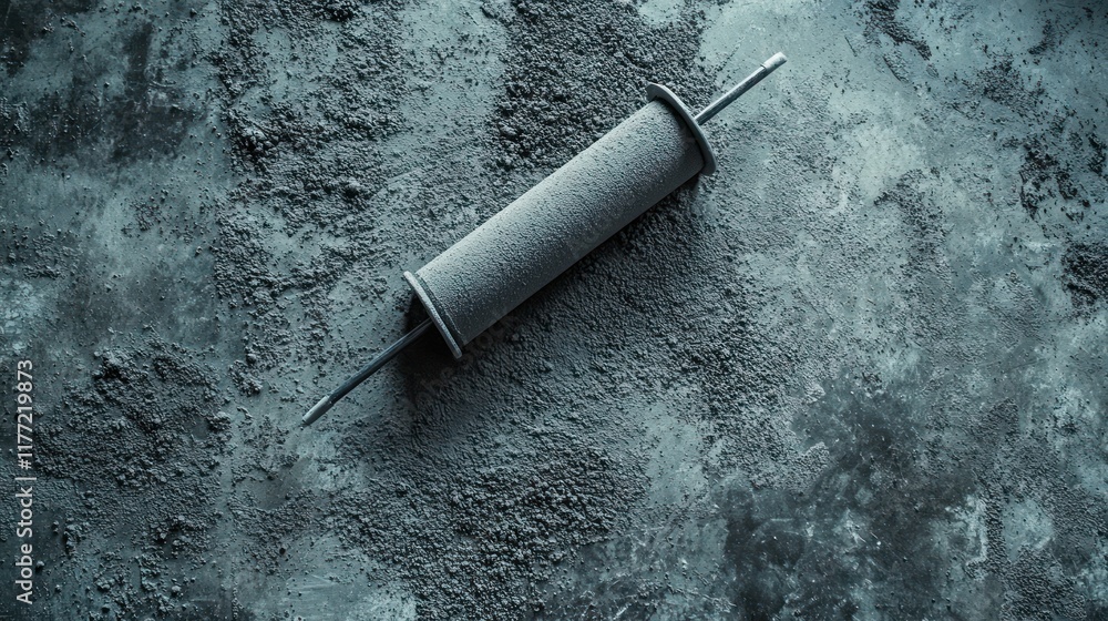 Aufkleber a gray cylindrical object with a handle rests on a textured surface, possibly for industrial use.