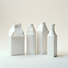 Milk containers in various sizes, White milk containers on a white background, Clean and minimalist milk packaging, Classic milk bottle design, Modern milk carton design