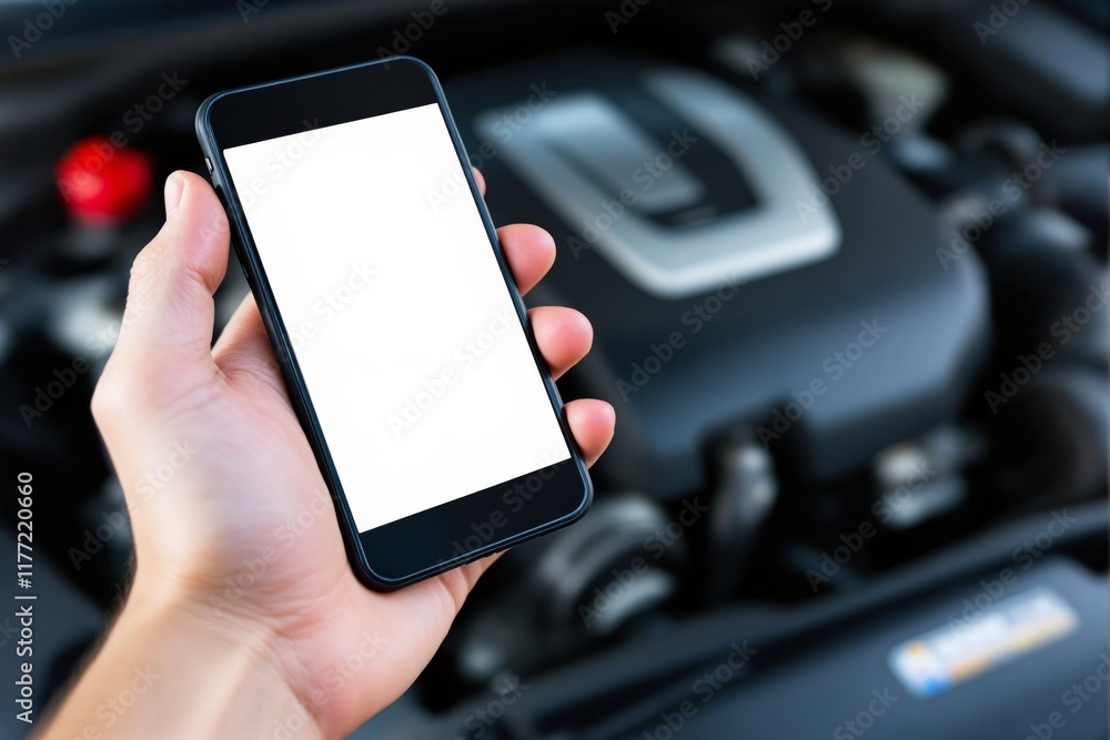Poster a hand holding a smartphone with a blank screen in front of a blurred car engine background. concept