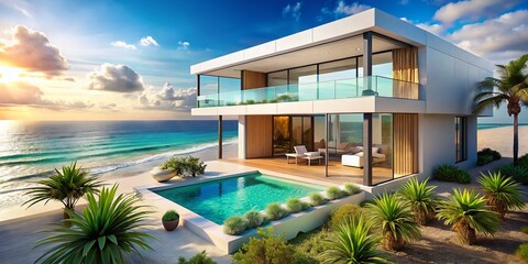 Fototapeta premium AI Generated Beach House Architecture: Coastal Modern Design, Ocean View