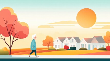 Obraz premium Serene Autumn Scene Featuring an Elderly Individual Strolling Through a Vibrant Landscape with Colorful Trees and a Warm Sunset Background