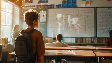child attentively studying math in a brightly lit classroom, with the teacher explaining equations on a large whiteboard, capturing the essence of learning and concentration