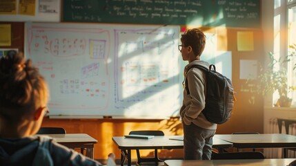 child attentively studying math in a brightly lit classroom, with the teacher explaining equations on a large whiteboard, capturing the essence of learning and concentration