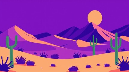 Fototapeta premium Vibrant desert illustration with cacti and mountains, purple sunset