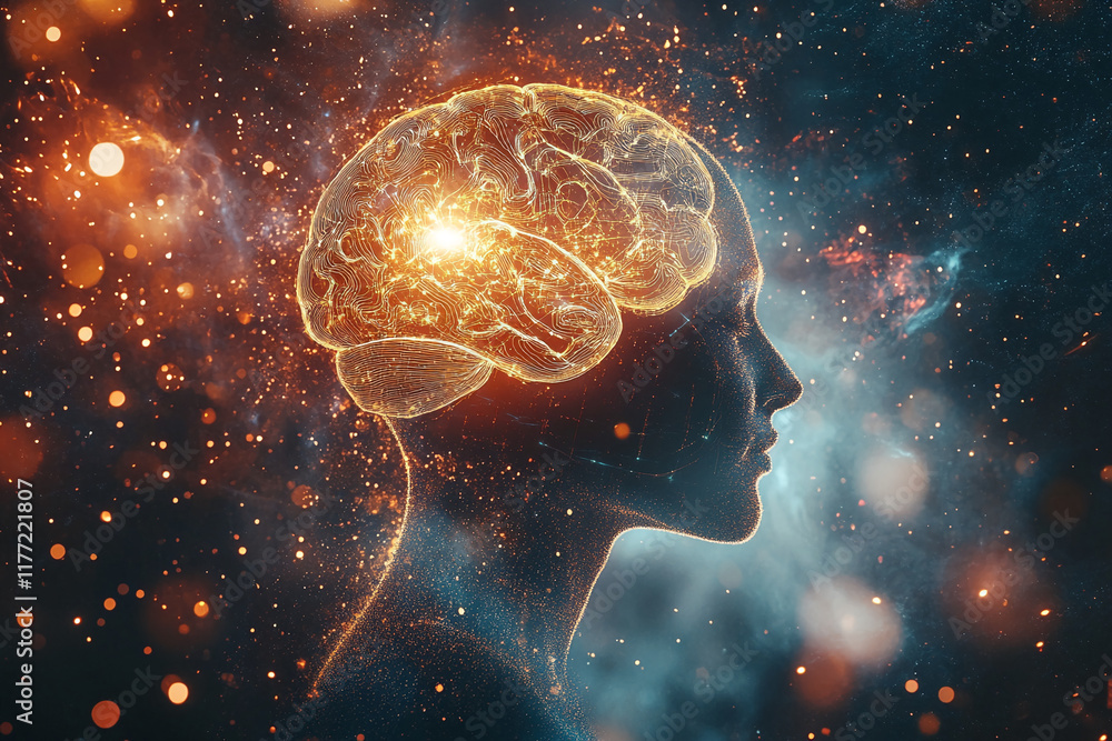 Poster digital human profile with glowing brain and neural connections