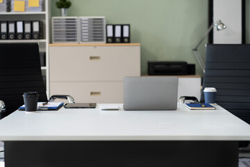 Work place concept : Mock up Blank screen computer desktop with keyboard in office or co-working background.