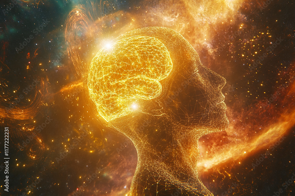 Poster abstract glowing human brain with neural connections in cosmic background