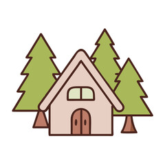 Forest cabin icon surrounded by trees in green and beige tones