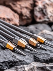 Fototapeta premium Close-up of sharp, metallic, pointed tools on rocks.