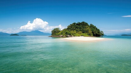 Fototapeta premium Sandy tropical island surrounded by crystal clear water and lush greenery under a bright blue sky