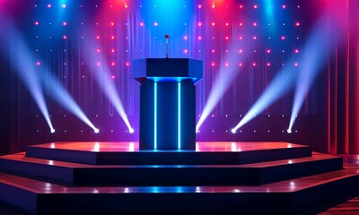 Empty Stage with a Podium and Bright Spotlights for an Event