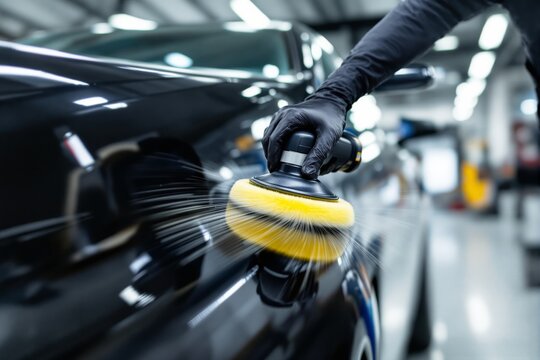 Close-up of a rotary buffer polishing a car's surface, with glove-clad hands holding the tool, in a car detailing workshop. Concept of car maintenance. Ai generative