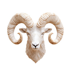 Ram head sculpture with detailed horns and serene expression