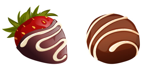 Valentine Treats with Chocolate Truffle & Dark Chocolate Covered Strawberry with White Choco Drizzle. Romantic Dessert Vector Art