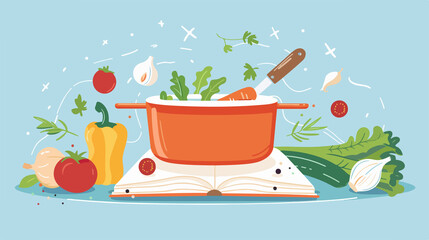 Soup Pot with Fresh Ingredients for Recipe Books Concept
