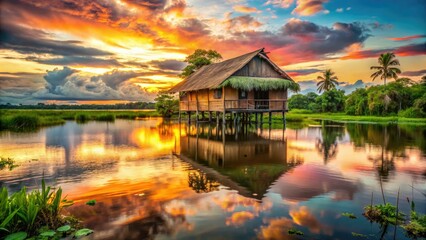 Fototapeta premium Ancient Amazonian houses line the Iquitos riverbank, a stunning Peruvian scene.