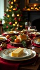 Naklejka premium A festive Christmas spread on the dining table, Turkey, holly, Christmas centerpiece