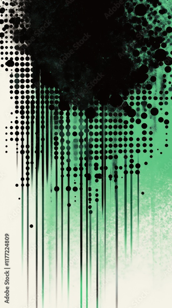 Fototapete Dynamic black halftone dots transform into a deep green gradient with vertical lines overlaid