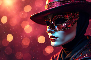 Carnival mask, wearing masquerade mask at party over holiday background with magic glow and bokeh light, place for text 