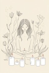 happy Women boho line art floral core, aesthetic flat illustration, Mental health, mind, healing mindful demure her women hobbies, self love, affirmations background wallpaper, for social media posts