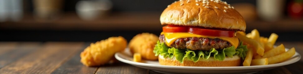 A juicy hamburger on a plate with golden brown fries and nuggets in the background, food, nuggets, cuisine