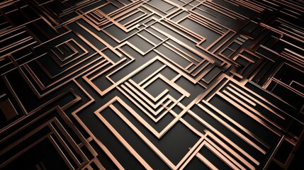 Geometric abstract metallic pattern with copper maze effect against black background