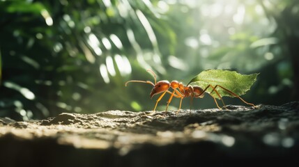 A realistic photo of a native leafcutter ant species carrying a piece of leaf, its detailed body glistening under the sun in a native jungle ecosystem