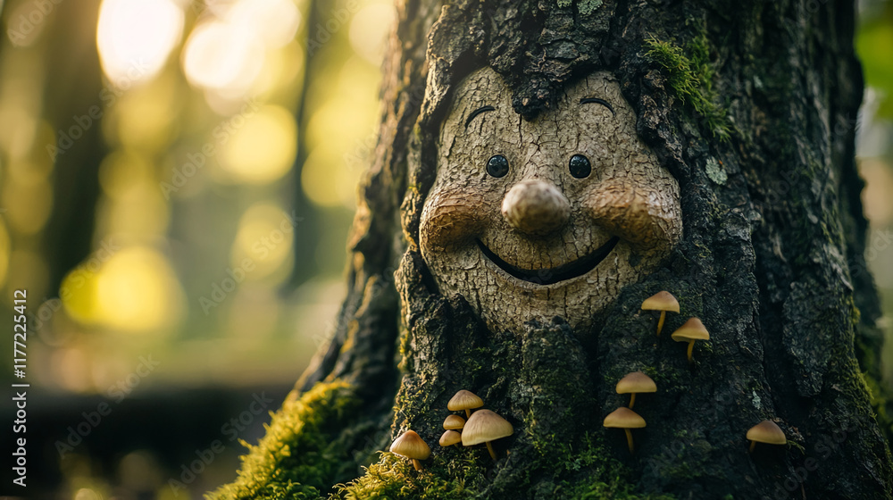 Poster Smiling tree trunk with mushrooms and moss in a sunlit woodland setting